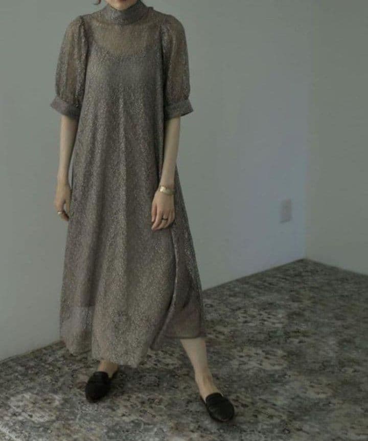 etoll. エトル インナー付きバックリボンレースドレスワンピース グレージュ