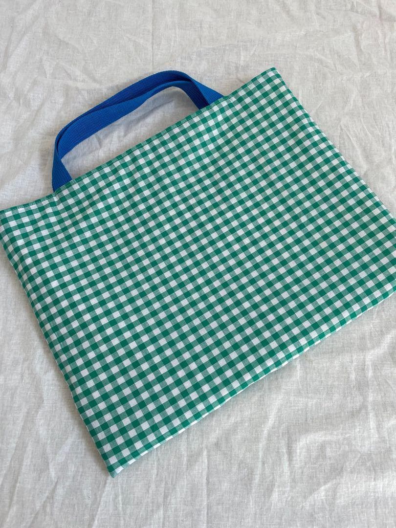 【あり】緑ギンガムチェック　レッスンバッグ　上履き入れ　入園入学2点セット