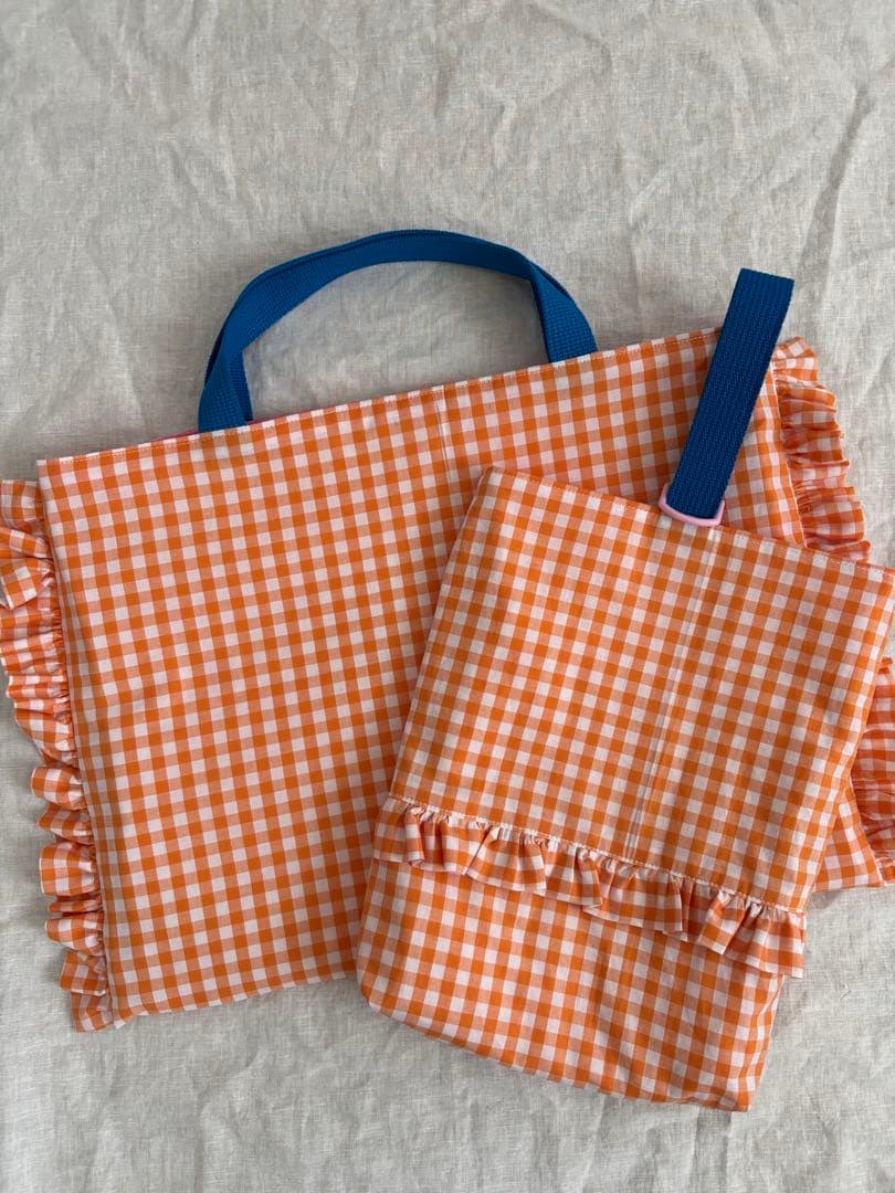 【あり】緑ギンガムチェック　レッスンバッグ　上履き入れ　入園入学2点セット