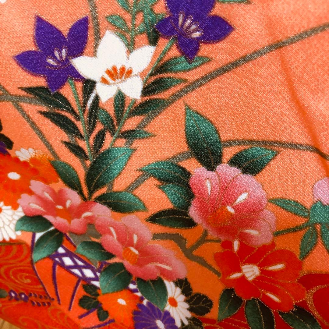七五三 七歳‼️豪華正絹オレンジ系‼️蝶々花桜菊金彩煌びやか‼️安心フルセット
