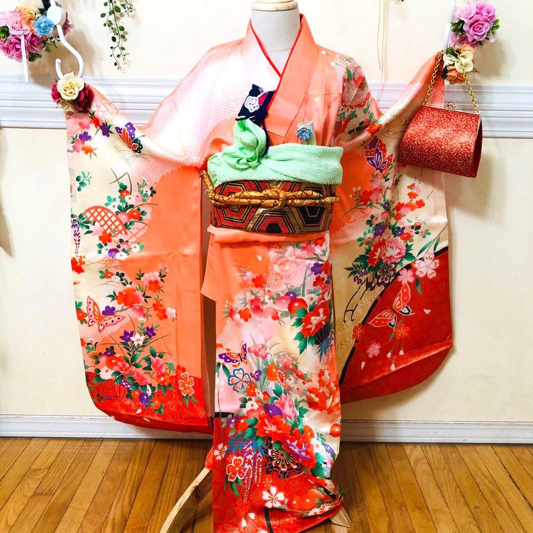 七五三 七歳‼️豪華正絹オレンジ系‼️蝶々花桜菊金彩煌びやか‼️安心フルセット