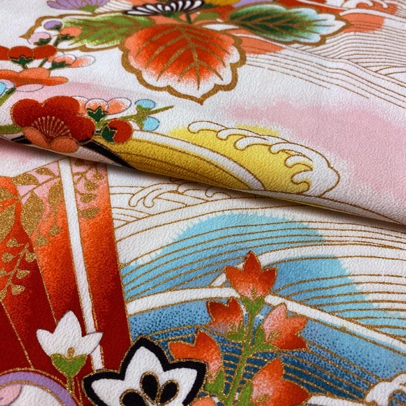 508ag11◎七五三 七歳 女児 アンティーク着物&丸帯 総柄 レトロ 白◎