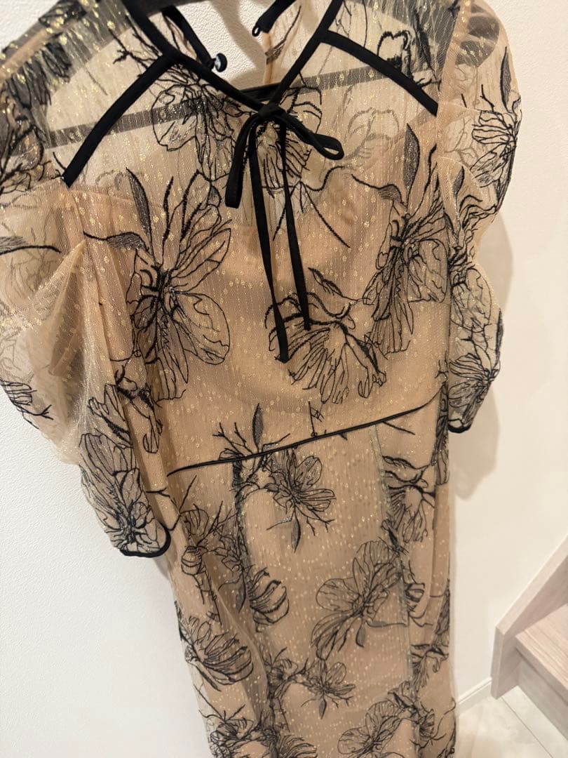 Leja 花柄リボンパフスリーブマーメイドワンピースドレス Mサイズ