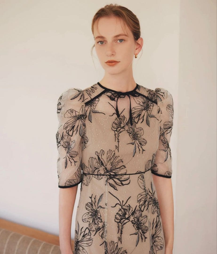 Leja 花柄リボンパフスリーブマーメイドワンピースドレス Mサイズ