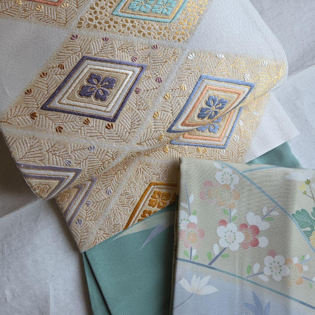 品良くハレの日を　松竹梅と菱形の袋帯