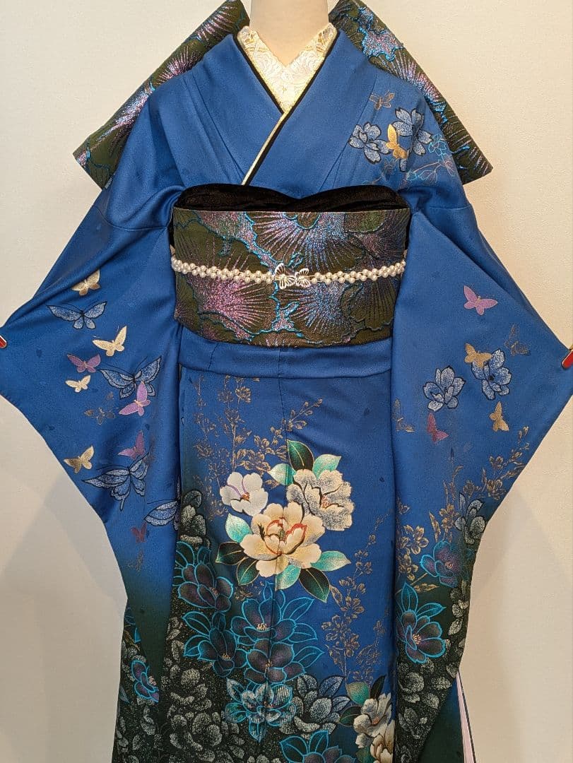 振袖フルセット 身丈168裄68 豪華振袖 金銀彩 青 黒 正絹 逸品 成人式