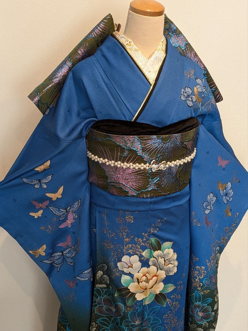 振袖フルセット 身丈168裄68 豪華振袖 金銀彩 青 黒 正絹 逸品 成人式