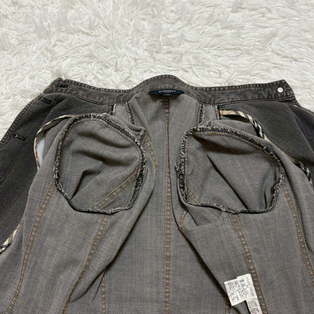 バーバリーロンドン ノーカラー デニムジャケット ノバチェック ロゴ刻印ボタン