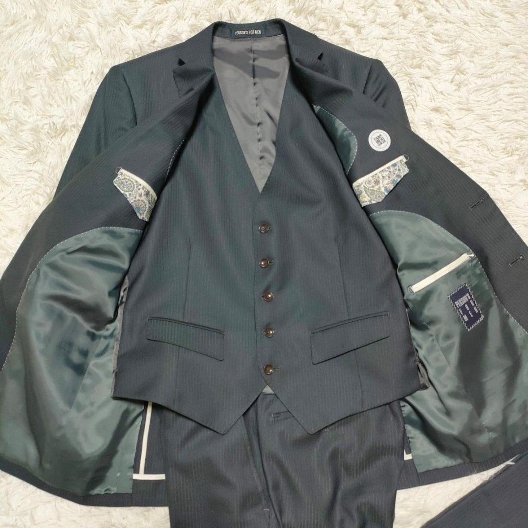 パーソンズ　光沢感　3ピース　スーツ　シングル　2B　背抜き　グレー　メンズ