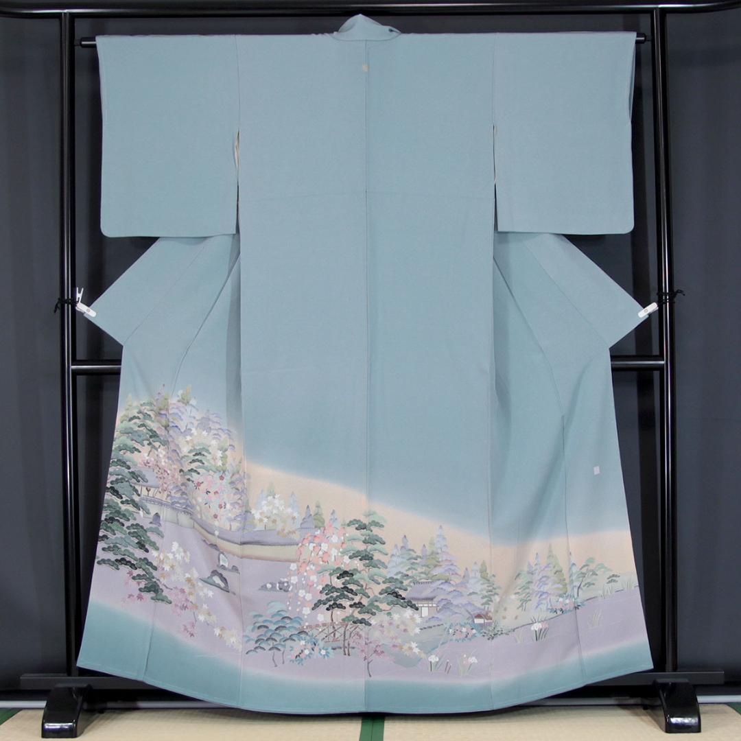 未使用　友禅柄　160cm　Mサイズ　灰水色　正絹色留袖　a919