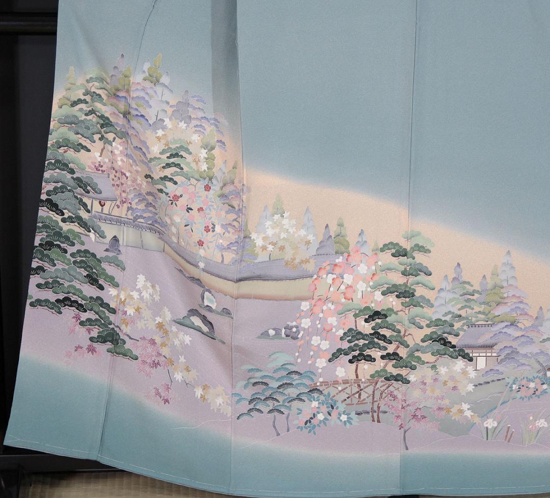 未使用　友禅柄　160cm　Mサイズ　灰水色　正絹色留袖　a919