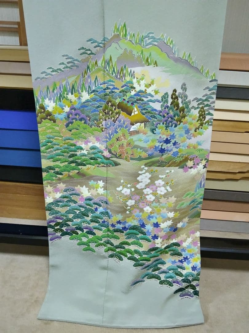 T-302 色留袖 京加賀友禅 一つ紋 袷 樹木 家屋 暈し 落款 美品