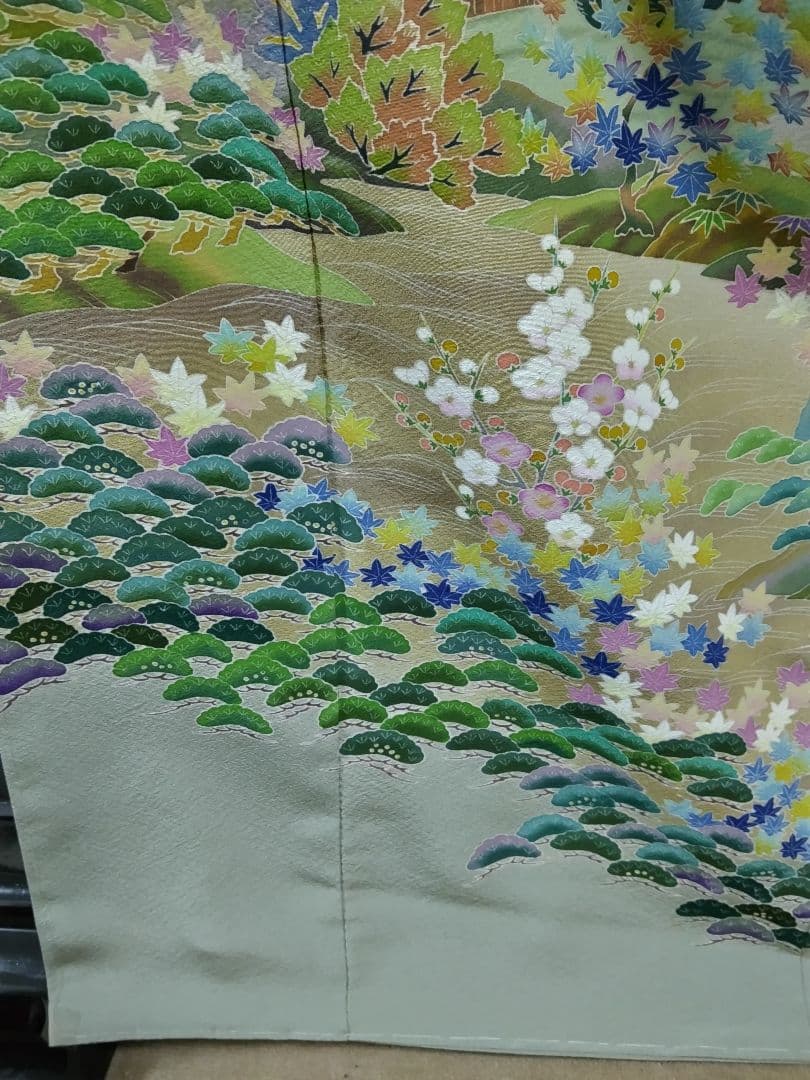 T-302 色留袖 京加賀友禅 一つ紋 袷 樹木 家屋 暈し 落款 美品