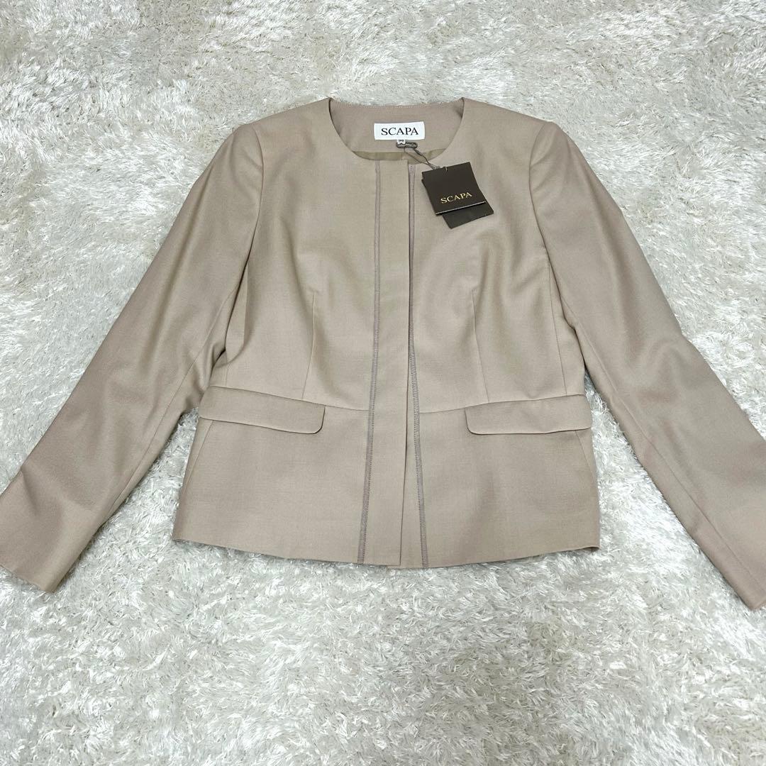 【SCAPA】新品　シルク混　ライトベージュ ノーカラージャケット 肌色　M