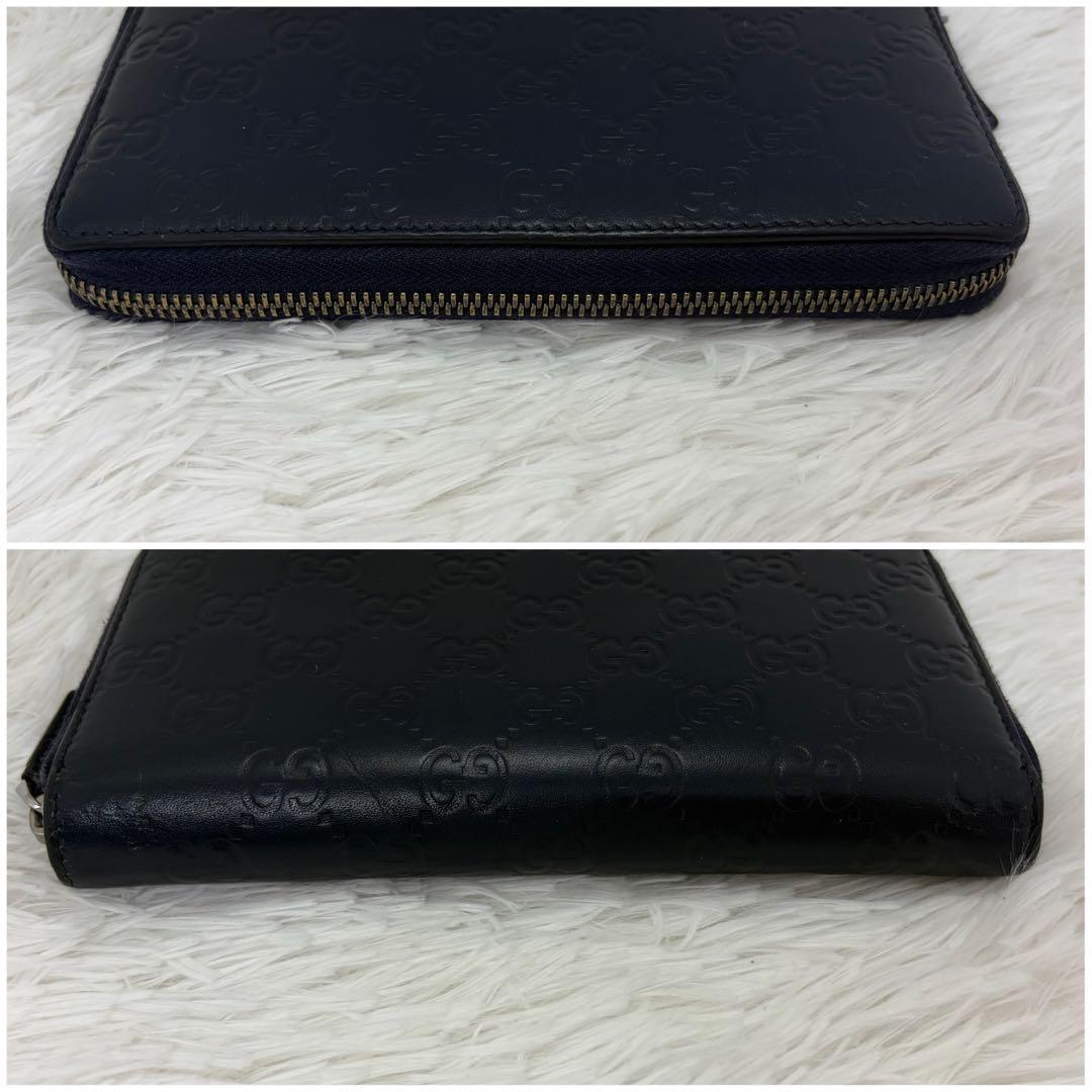 美品✨️グッチ　長財布　ラウンドファスナー　GG柄　シマ　レザー　ネイビー　紺