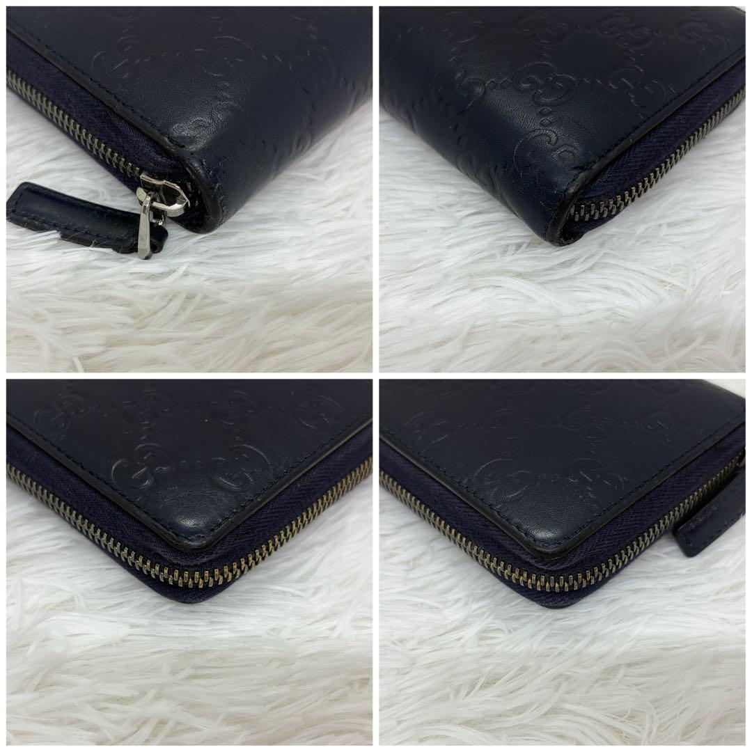 美品✨️グッチ　長財布　ラウンドファスナー　GG柄　シマ　レザー　ネイビー　紺
