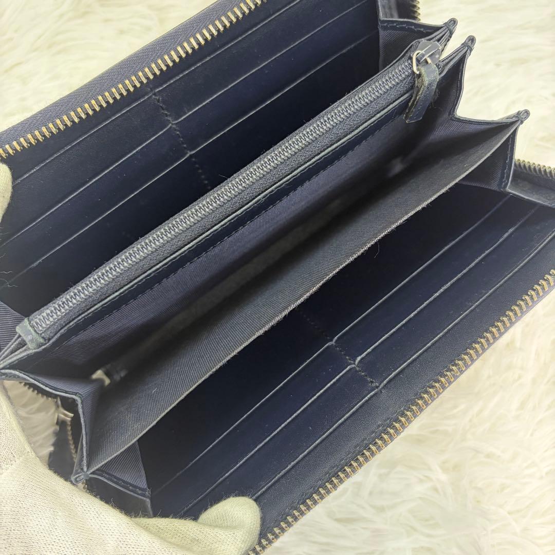美品✨️グッチ　長財布　ラウンドファスナー　GG柄　シマ　レザー　ネイビー　紺