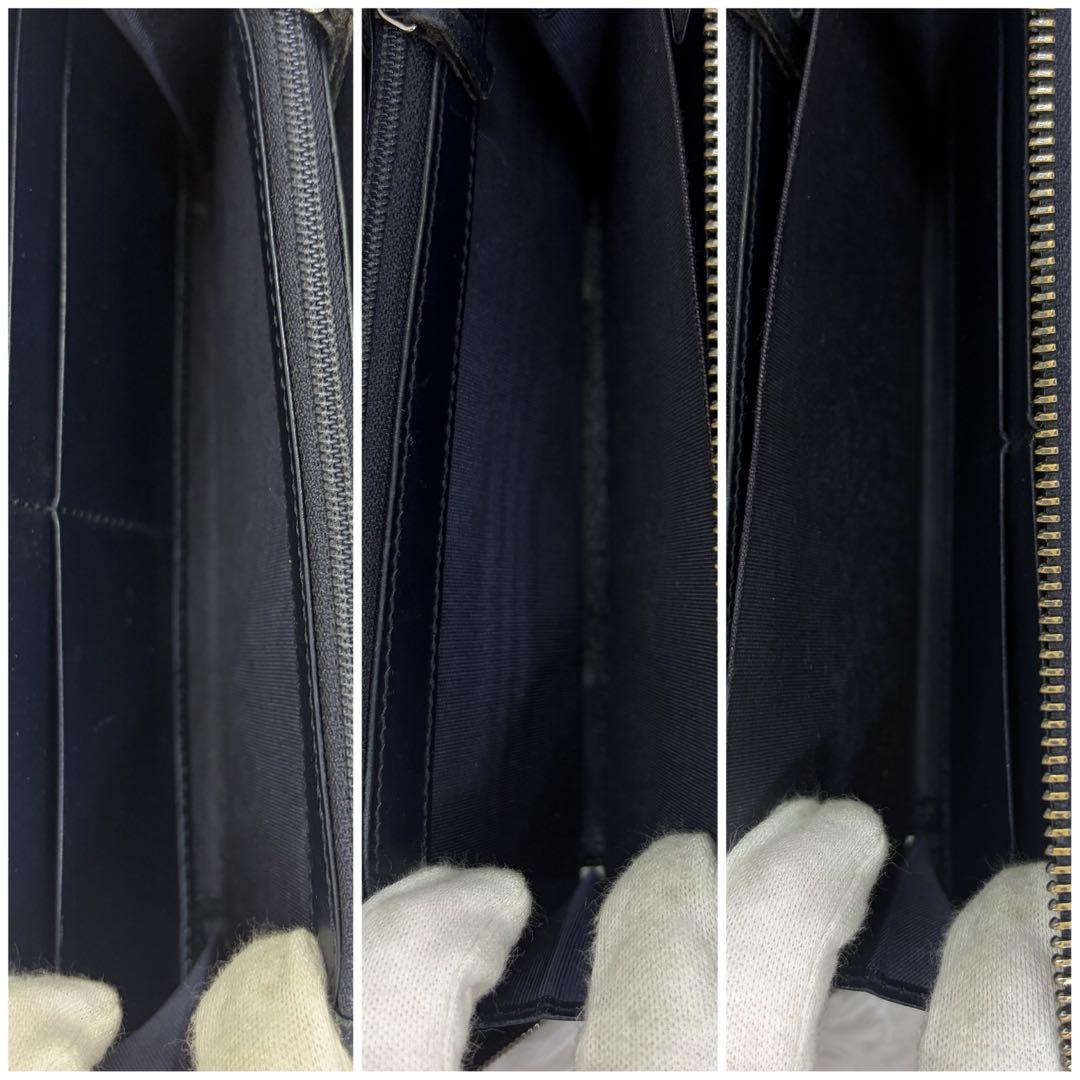 美品✨️グッチ　長財布　ラウンドファスナー　GG柄　シマ　レザー　ネイビー　紺