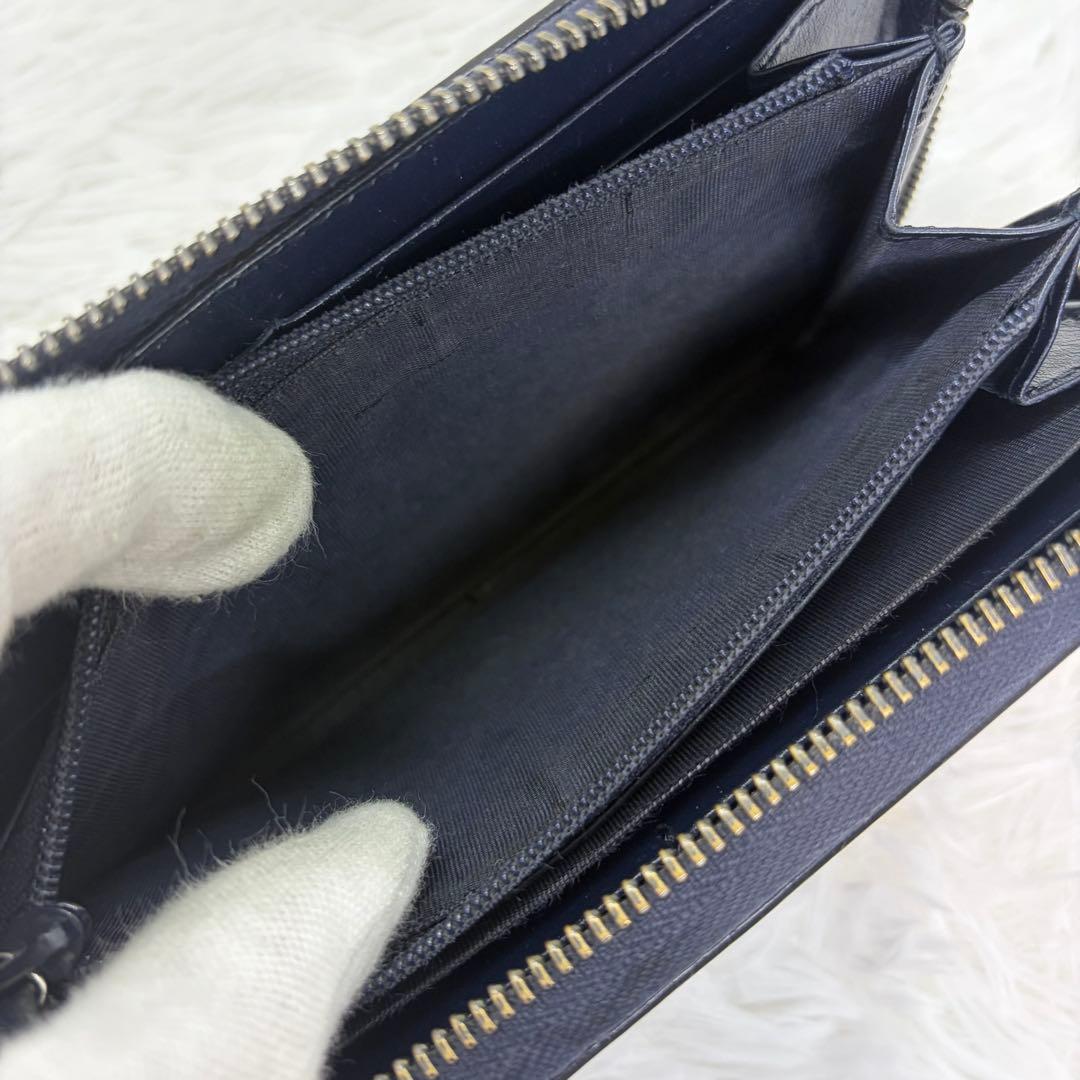 美品✨️グッチ　長財布　ラウンドファスナー　GG柄　シマ　レザー　ネイビー　紺