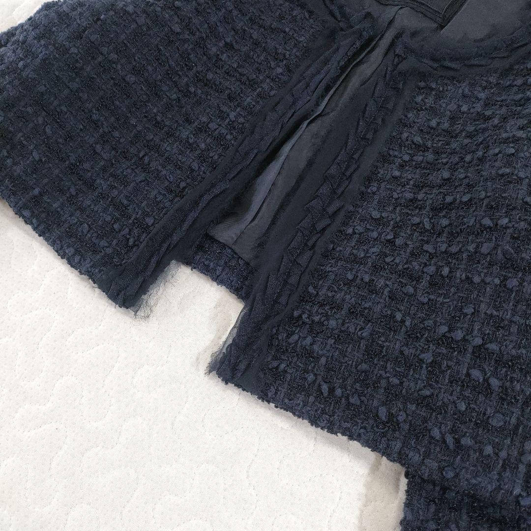 極美品✨FOXEY　コットンツイードノーカラージャケット　ネイビー　38