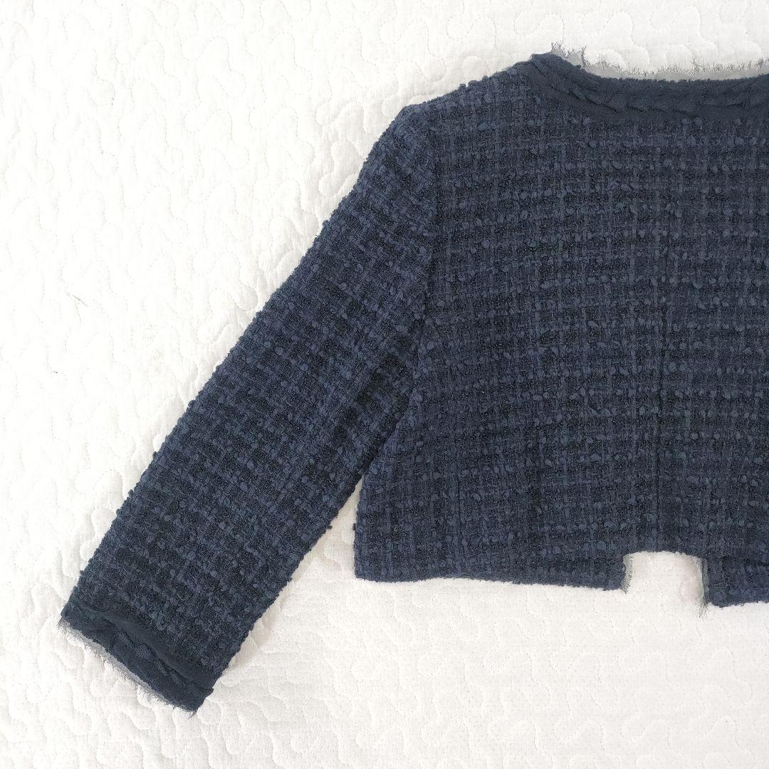 極美品✨FOXEY　コットンツイードノーカラージャケット　ネイビー　38
