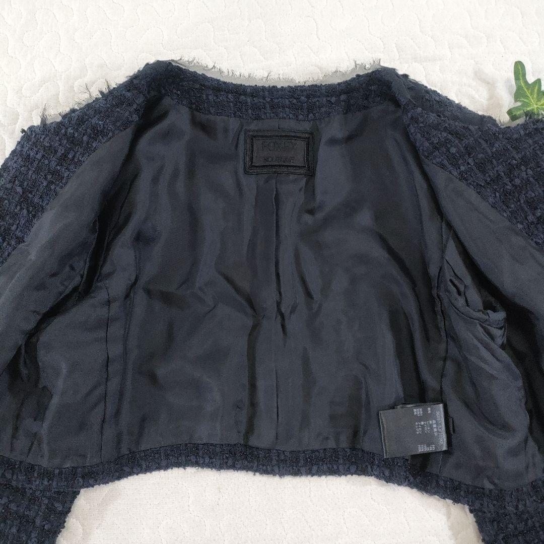 極美品✨FOXEY　コットンツイードノーカラージャケット　ネイビー　38
