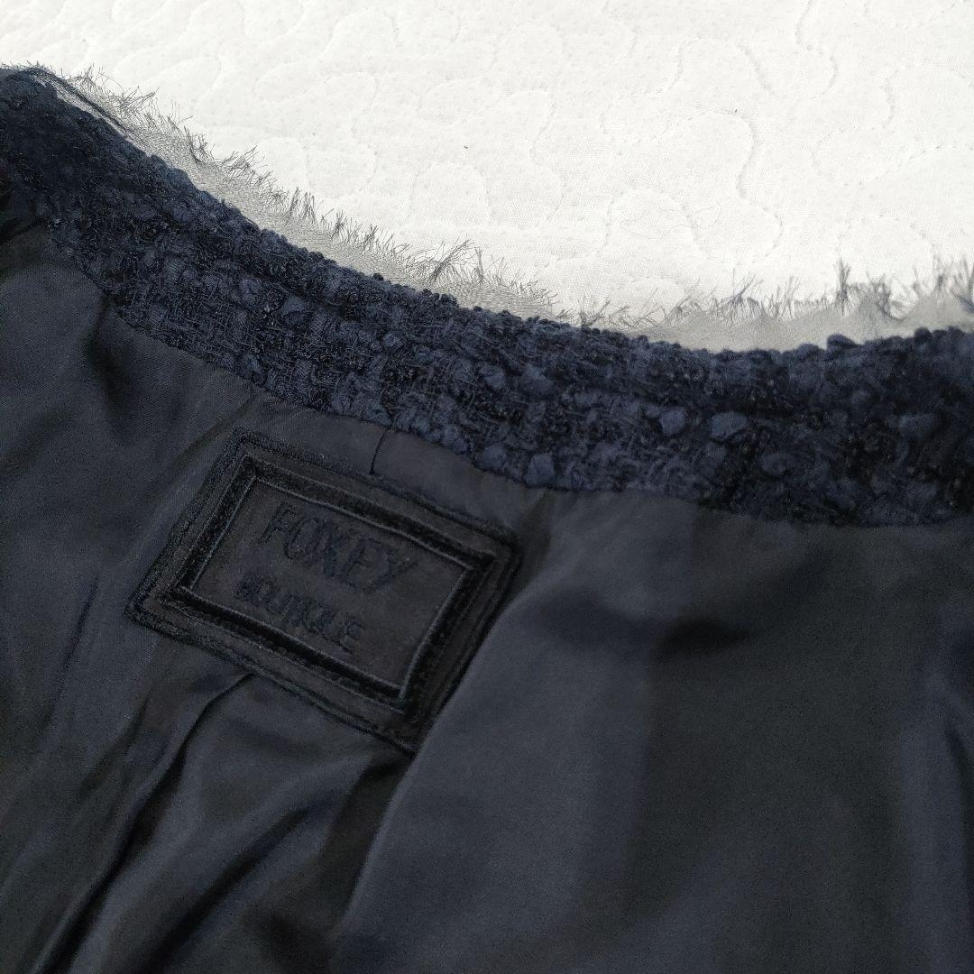 極美品✨FOXEY　コットンツイードノーカラージャケット　ネイビー　38