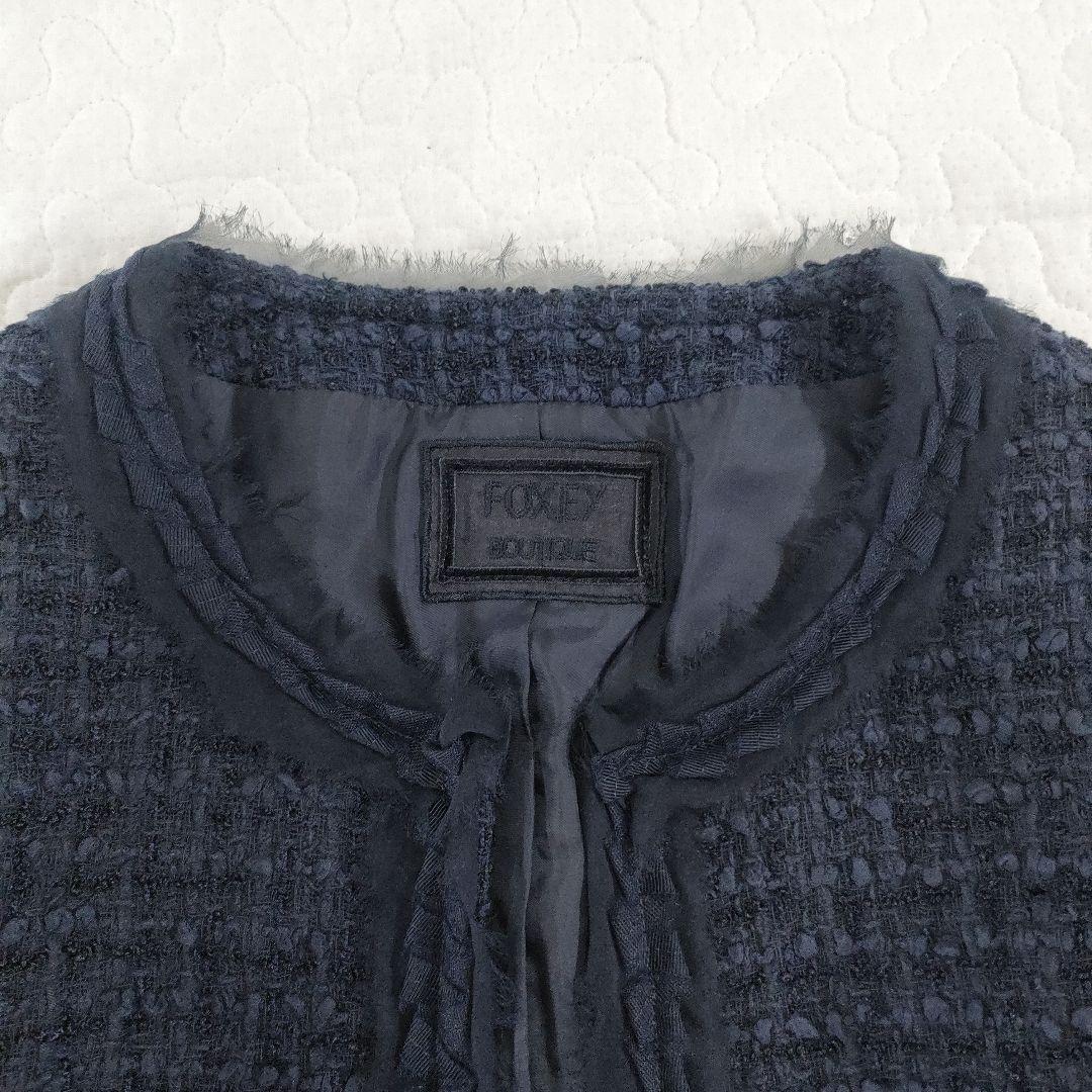 極美品✨FOXEY　コットンツイードノーカラージャケット　ネイビー　38