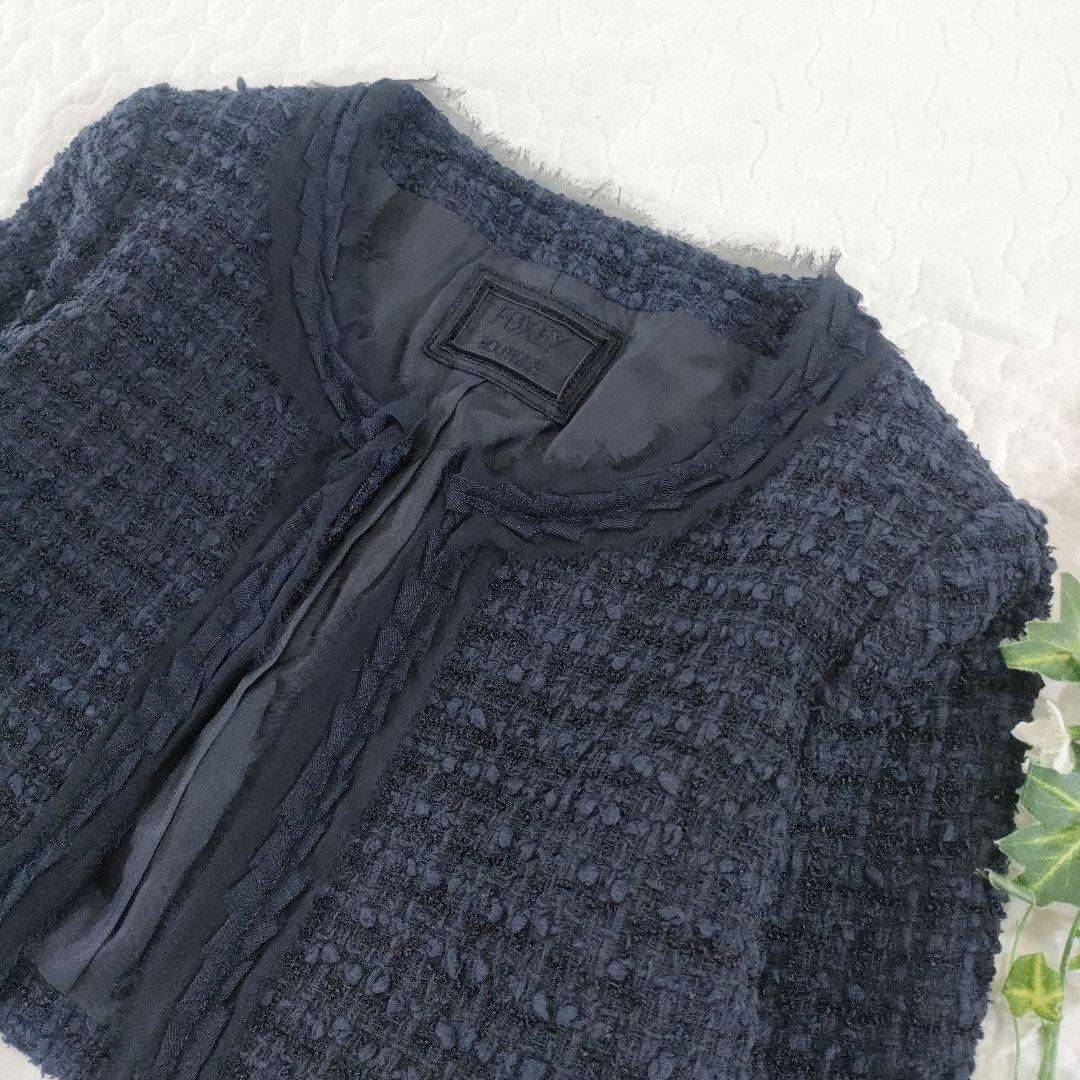 極美品✨FOXEY　コットンツイードノーカラージャケット　ネイビー　38