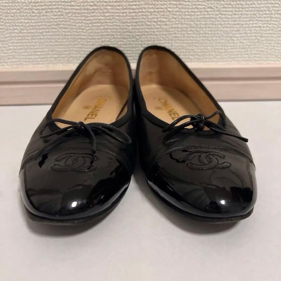 CHANEL バレリーナ　38 ブラックバレエシューズ　レザー　エナメル