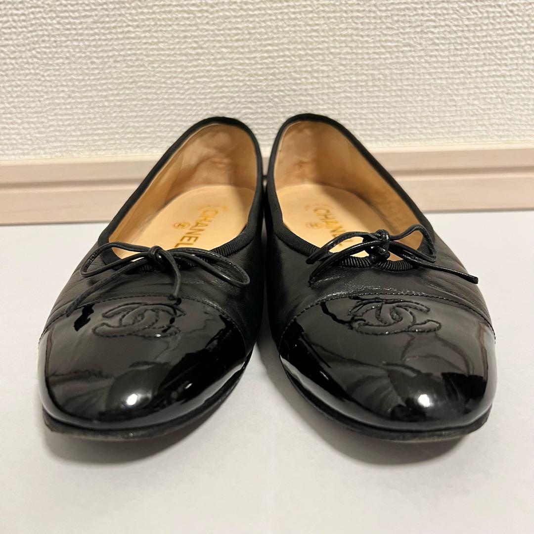 CHANEL バレリーナ　38 ブラックバレエシューズ　レザー　エナメル