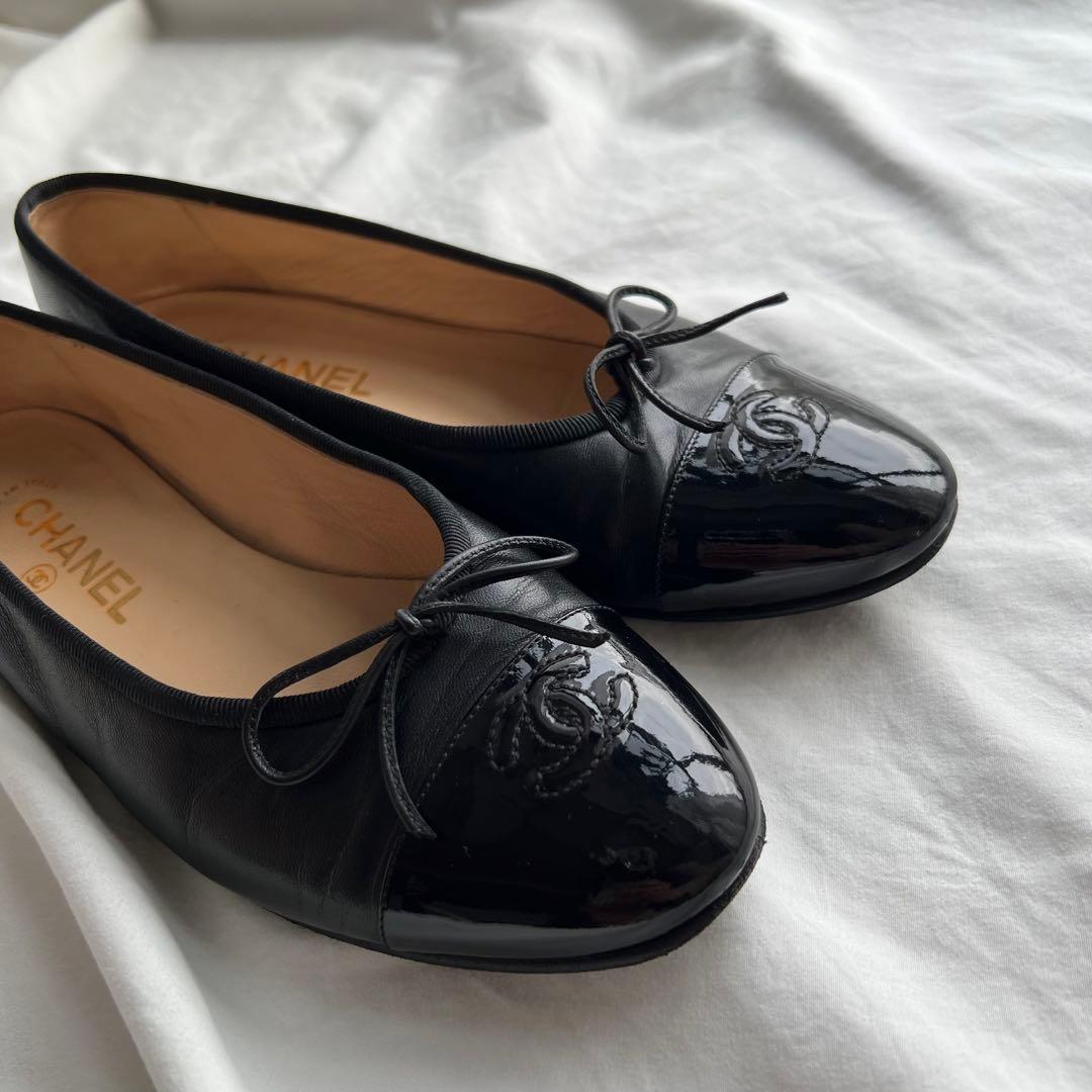 CHANEL バレリーナ　38 ブラックバレエシューズ　レザー　エナメル