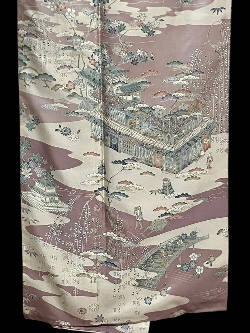 本場縞大島紬 付下げ訪問着 型絵染 桜楓楼閣 江戸風景 共八掛 証紙 イ6605