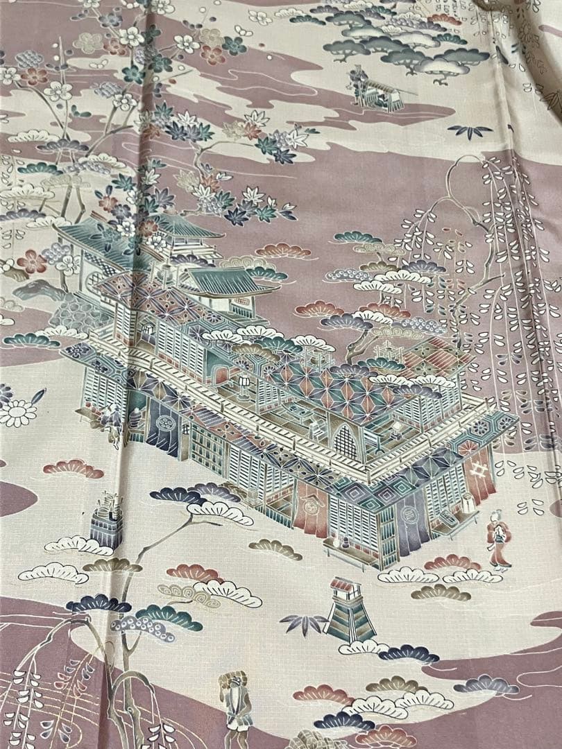 本場縞大島紬 付下げ訪問着 型絵染 桜楓楼閣 江戸風景 共八掛 証紙 イ6605