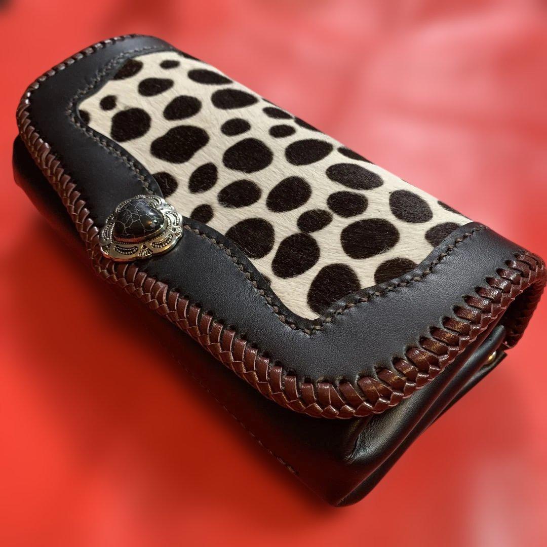ハンドメイドレザークラフトダルメシアン柄ハラコアコーディオン長財布牛レース編み