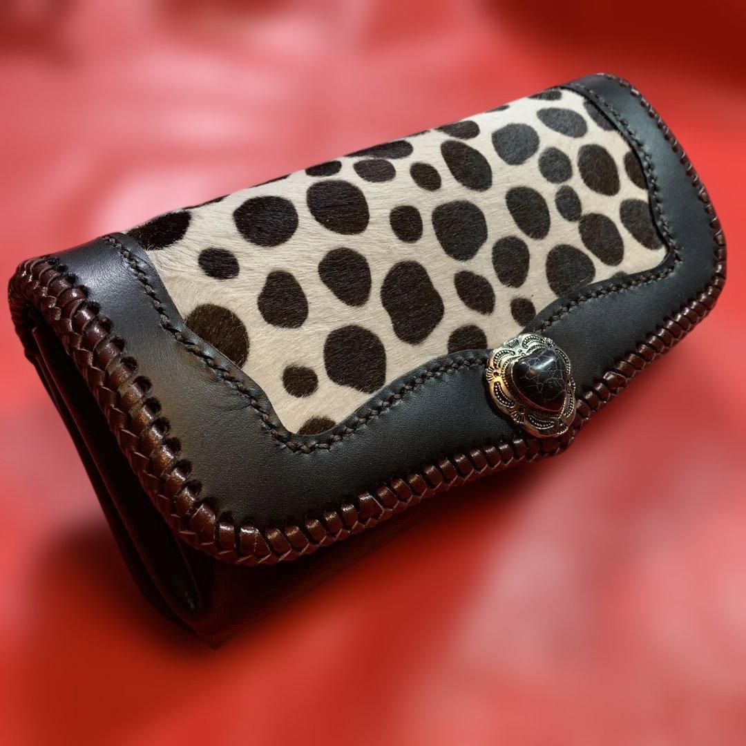 ハンドメイドレザークラフトダルメシアン柄ハラコアコーディオン長財布牛レース編み