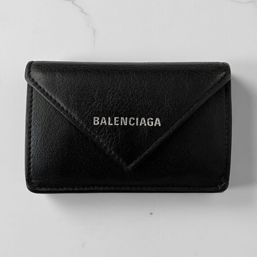 美品 バレンシアガ ペーパー ミニウォレット レザー ブラック 三つ折り財布