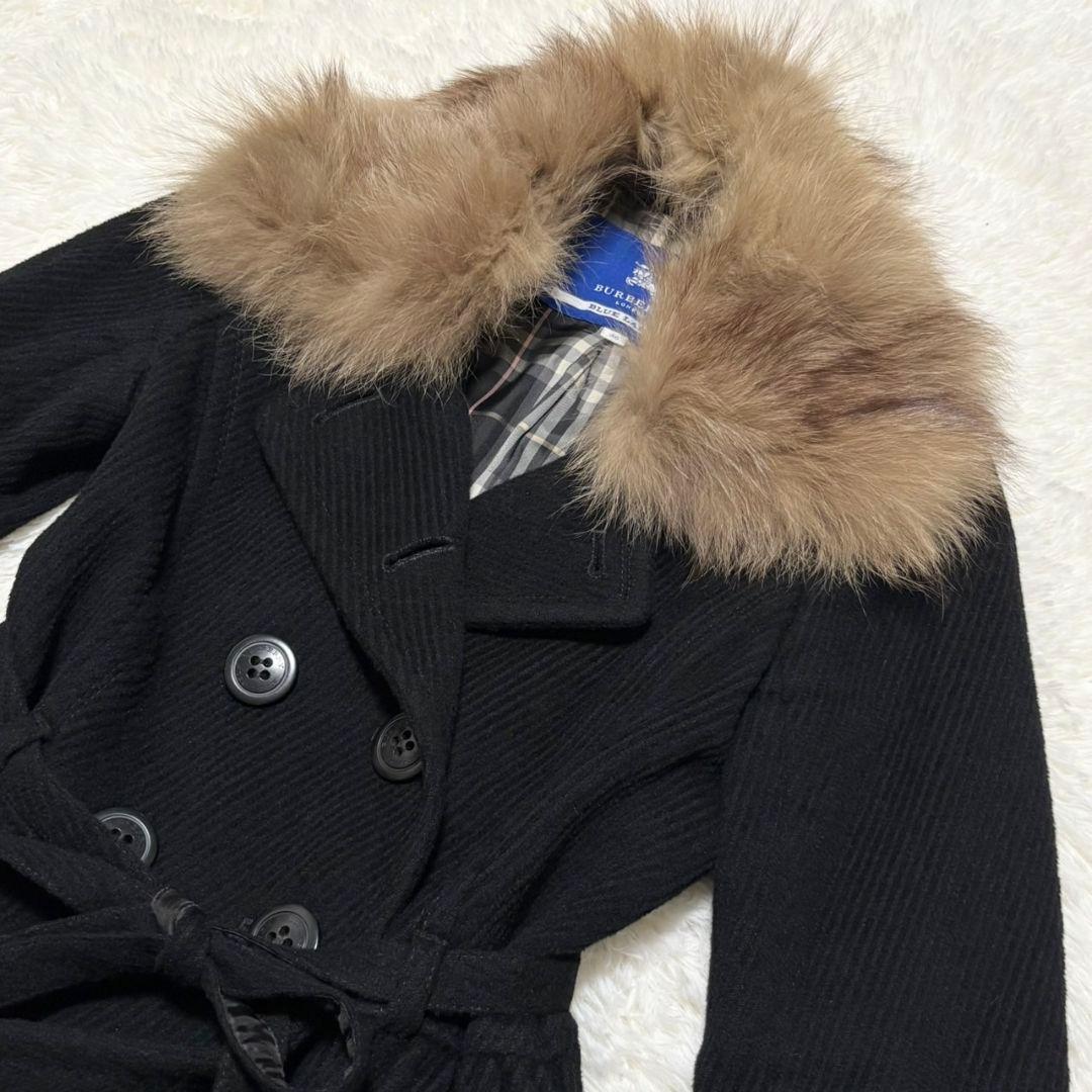 美品 バーバリー ブルーレーベル ロングコート フォックスファー アンゴラ
