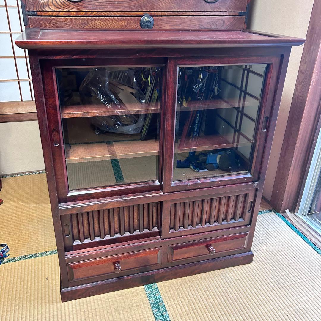 昭和レトロ 木製ガラスキャビネット 収納棚 食器棚 幅90cm