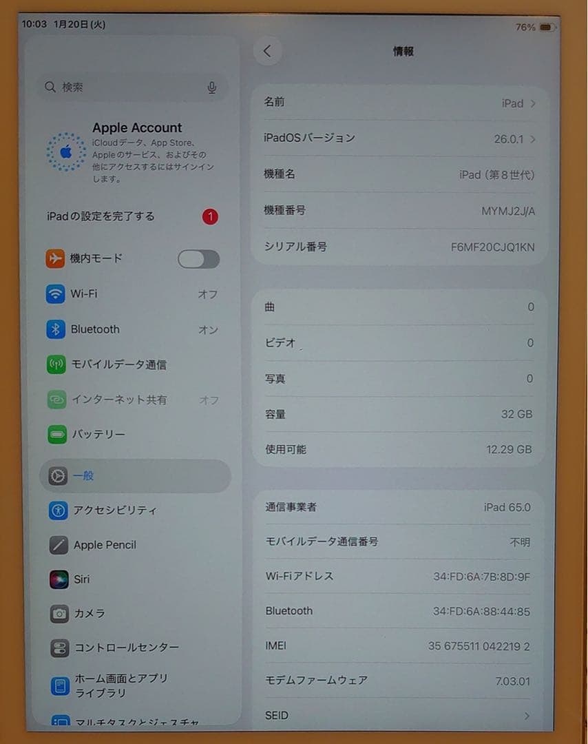 完動品SIMフリー液晶無傷iPad第8世代(A2429)本体32GB JQ1KN