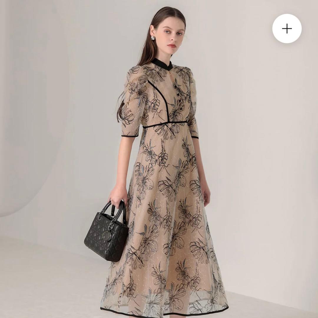 LEJA パイピングハイネック花柄ラメレースワンピースドレス　今田美桜着用　S