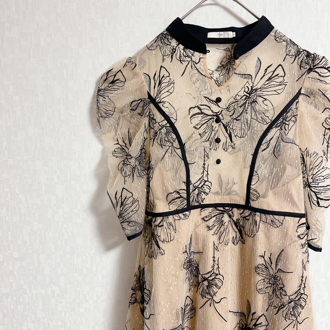 LEJA パイピングハイネック花柄ラメレースワンピースドレス　今田美桜着用　S