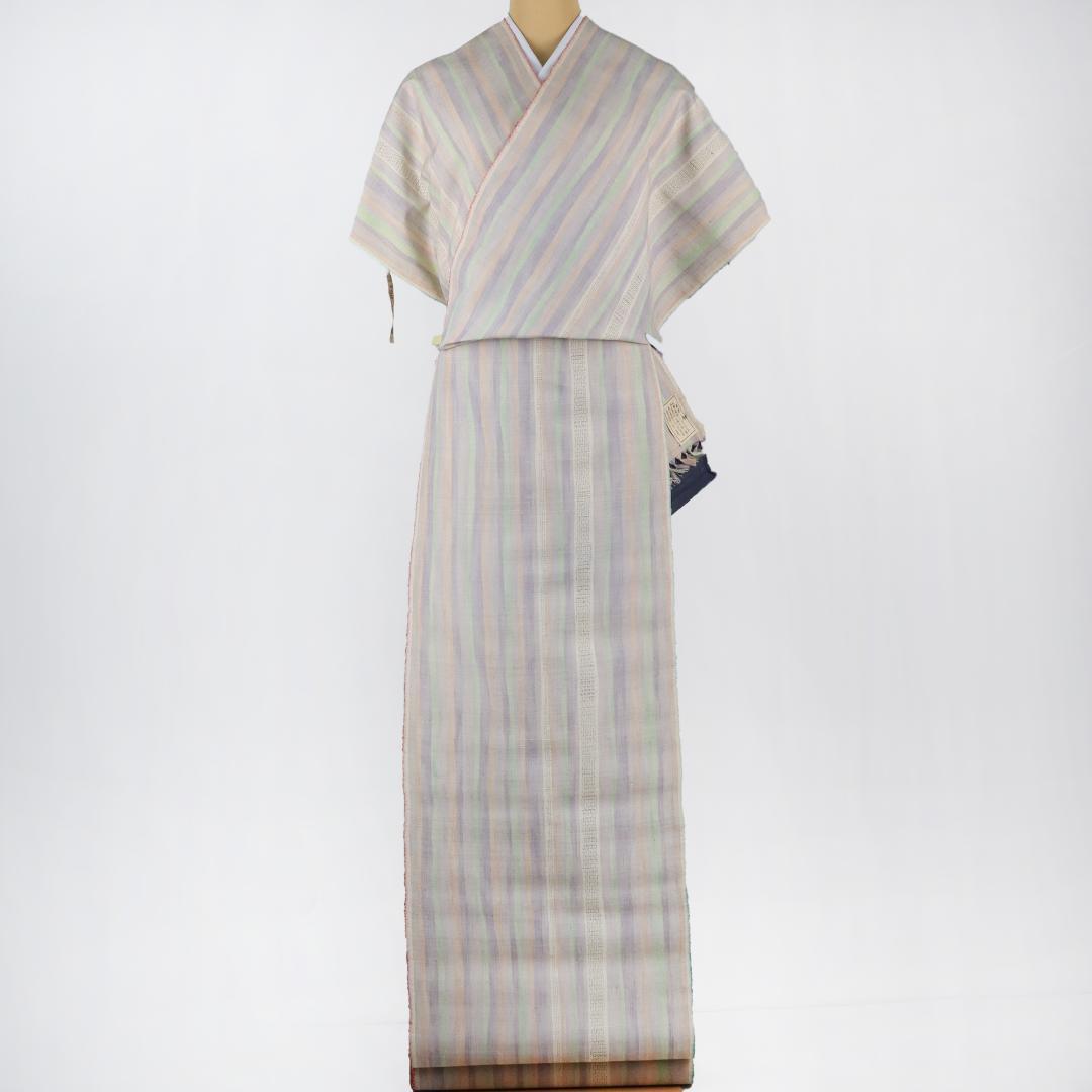 2887★手織　本場越後紬　いしくら 紬★パステル　ストライプ★反物★