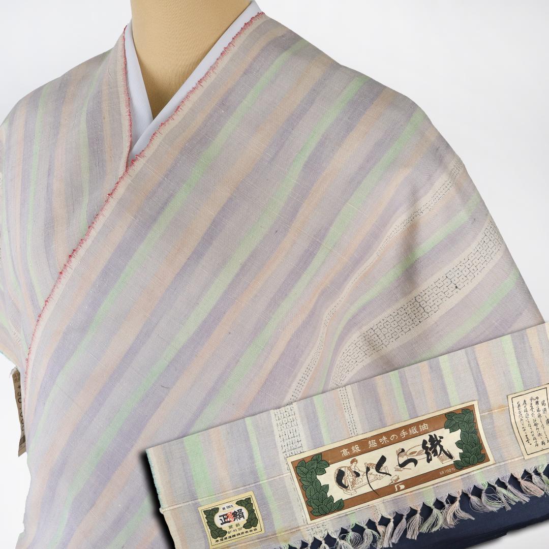 2887★手織　本場越後紬　いしくら 紬★パステル　ストライプ★反物★