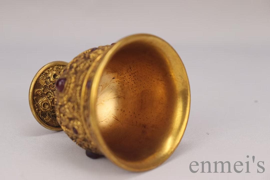 中国古美術 旧蔵清代 鍍金銅酒杯 嵌宝石酒器 精銅製 鍍金 文房 酒具 純手作り