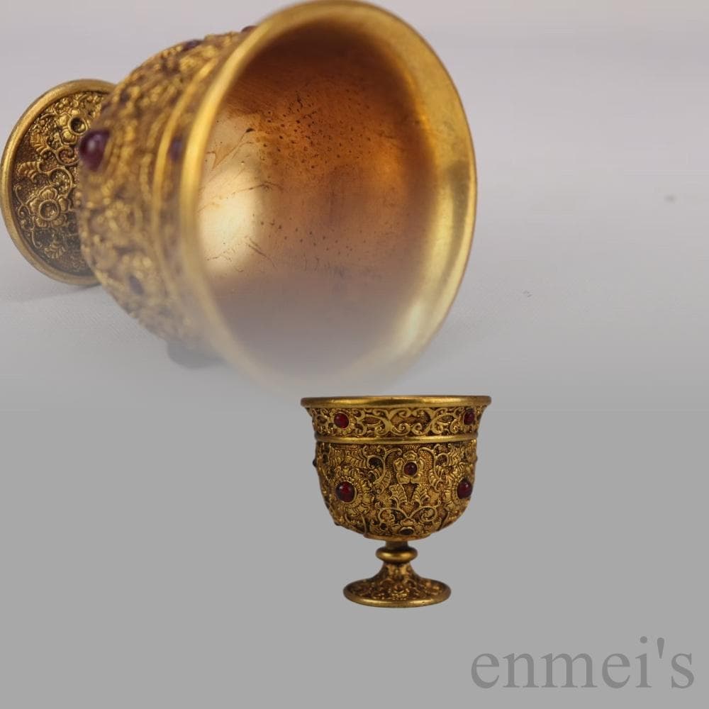 中国古美術 旧蔵清代 鍍金銅酒杯 嵌宝石酒器 精銅製 鍍金 文房 酒具 純手作り