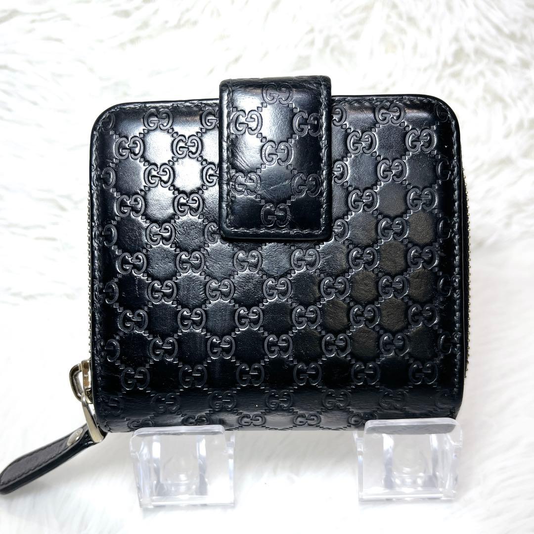 極美品 GUCCI マイクロGG シマ 2つ折り財布 レザー ラウンドジップ 黒