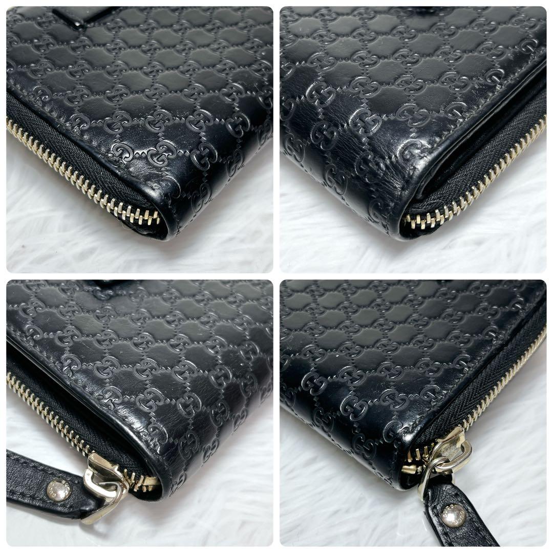 極美品 GUCCI マイクロGG シマ 2つ折り財布 レザー ラウンドジップ 黒