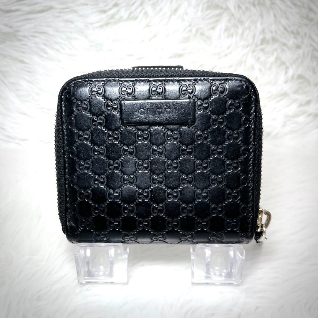 極美品 GUCCI マイクロGG シマ 2つ折り財布 レザー ラウンドジップ 黒