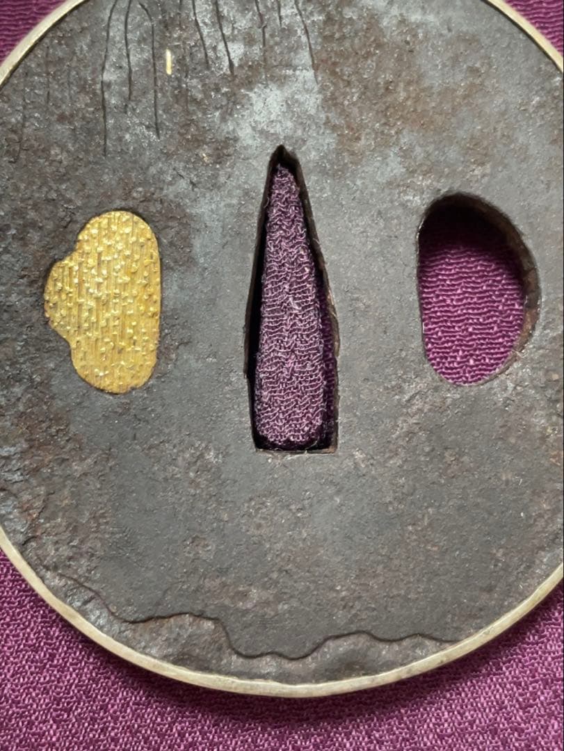 鉄製 鍔 鐔 木箱入り 金 象嵌 銀 覆輪 正阿弥銘 骨董 江戸 希少 脇差